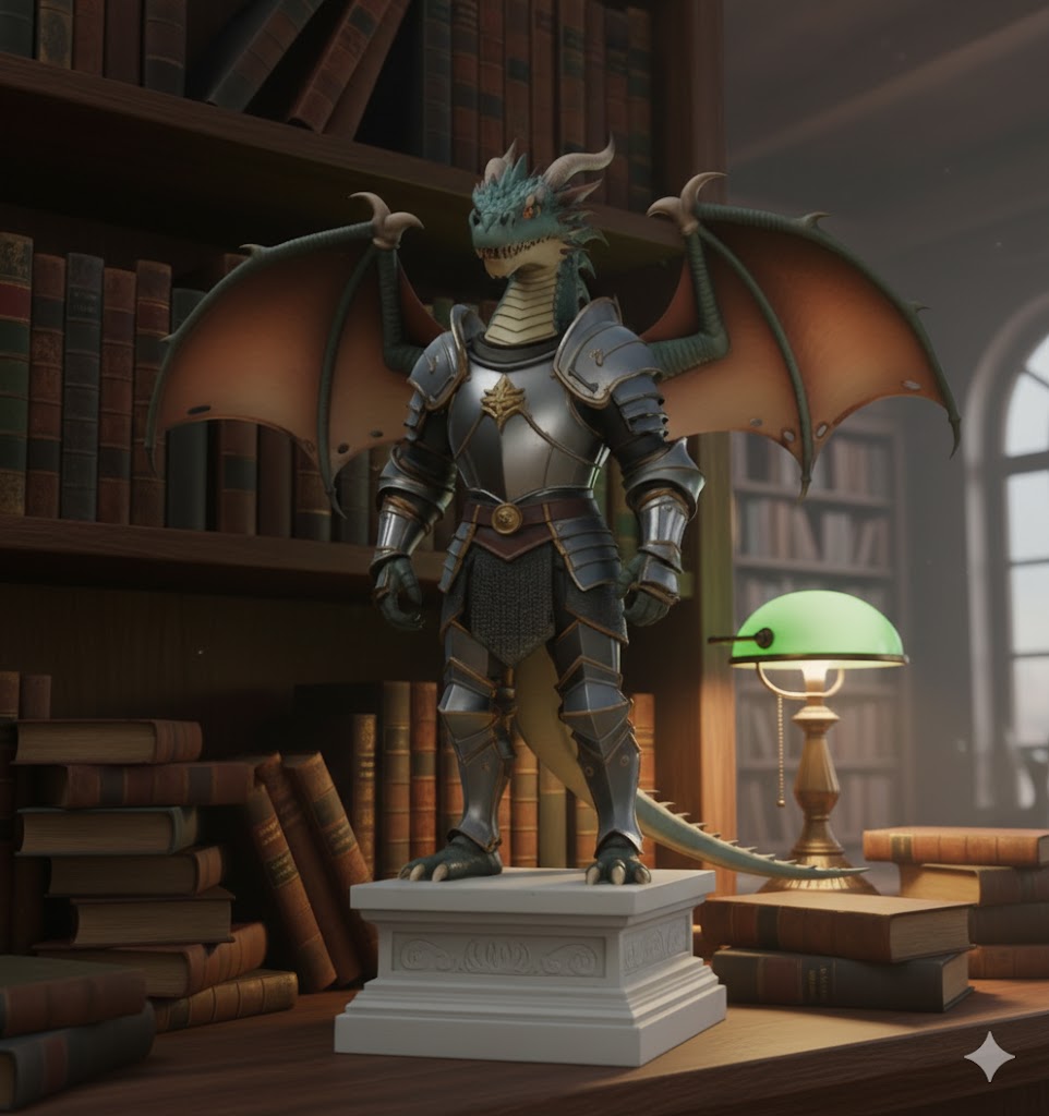 dragon in armor on pedestal