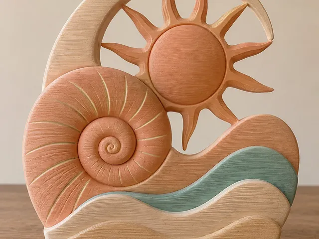 Abstrakte Skulptur mit Sonnen- und Wellenmotiv/Abstract sculpture with sun and wave
