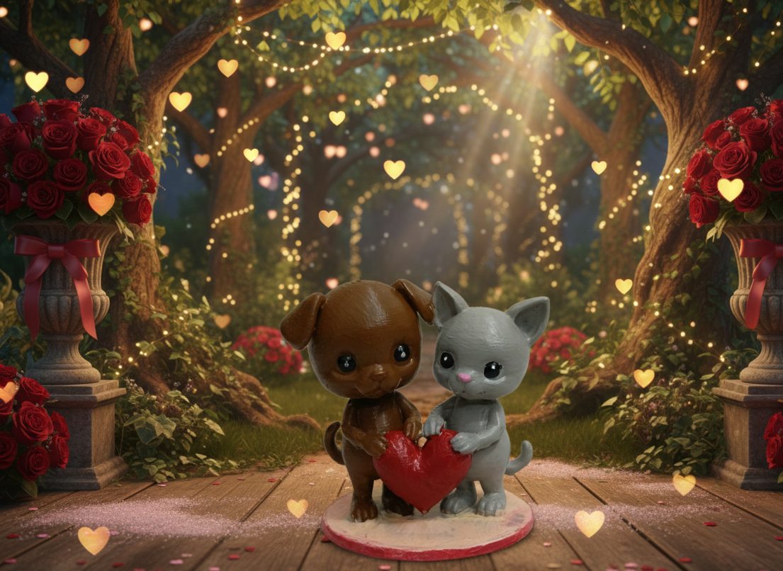 Valentine's Cat & Dog Holding Heart