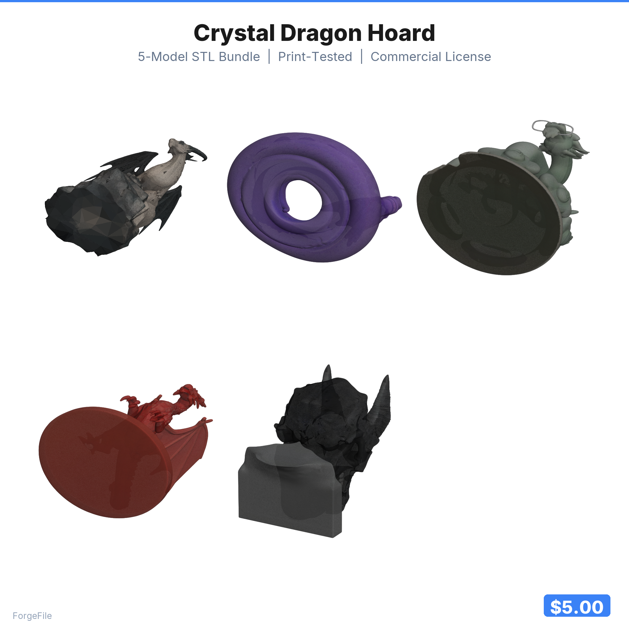 Crystal Dragon Hoard - 5-Model STL Bundle for 3D Printing