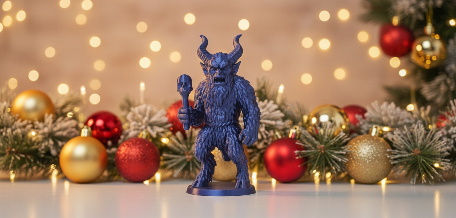 Furry Krampus with Skull Staff Holiday Figure