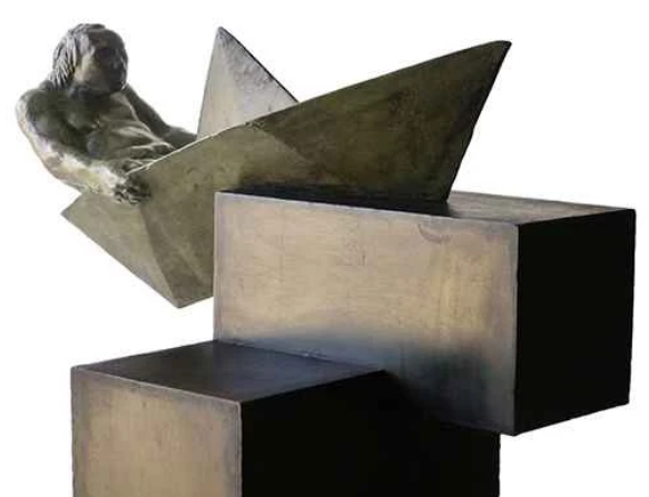 Man riding a paper boat "Argonauta" by Amancio González