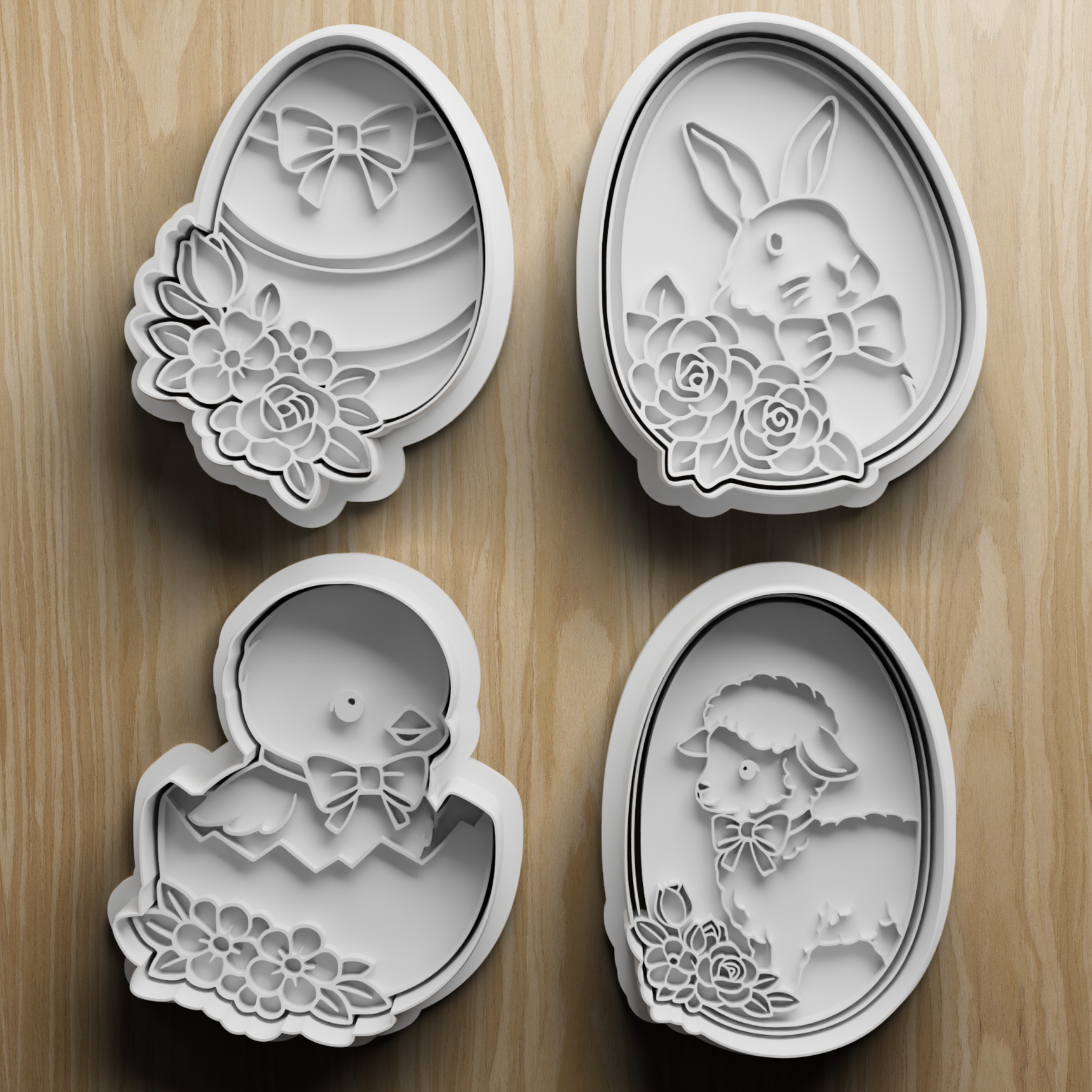 4 Easter Egg Cookie Cutter Set, STL Digital File, Bunny Chick Lamb Floral Designs