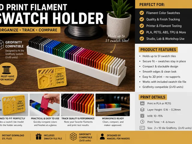 Filament Swatch Holder – 51 Color Organizer + Filament Test Tile - Gridfinity