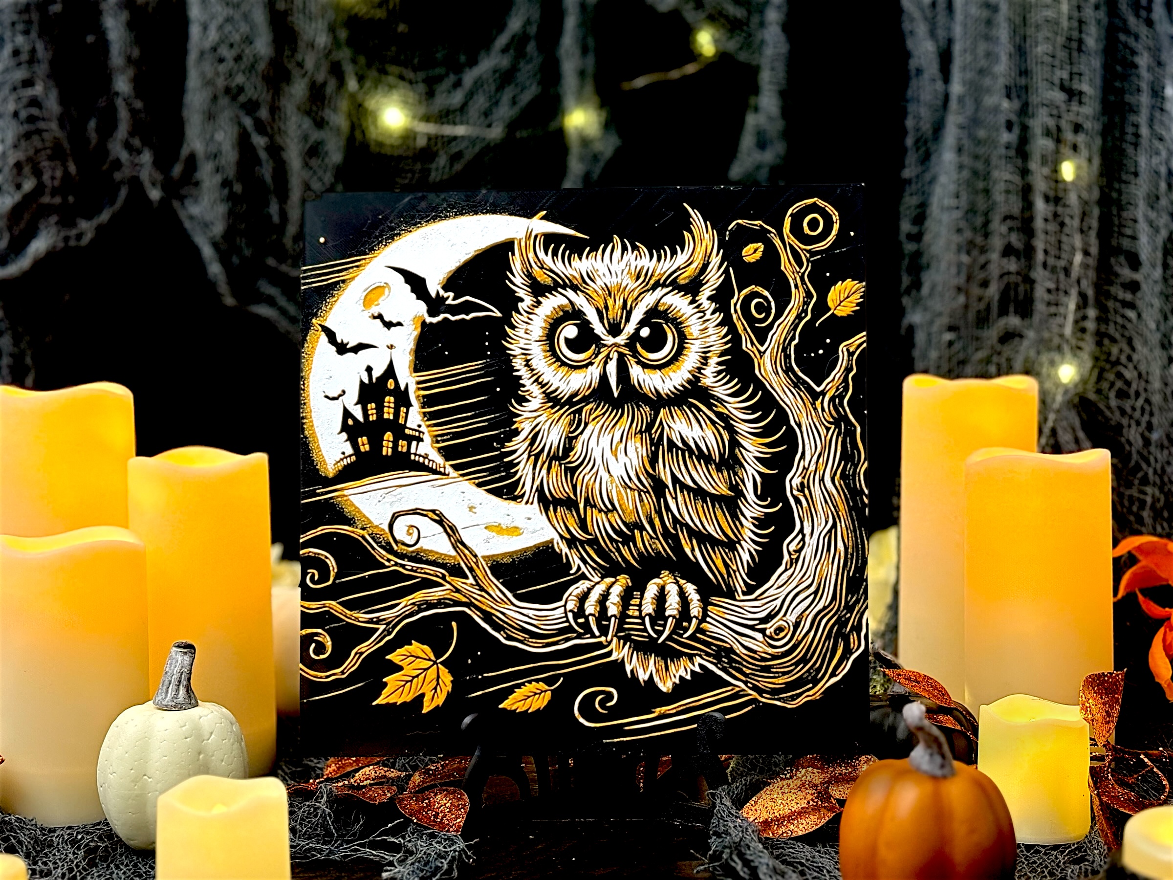 “Moonlit Watcher” – Layered Owl Hueforge Panel for Halloween