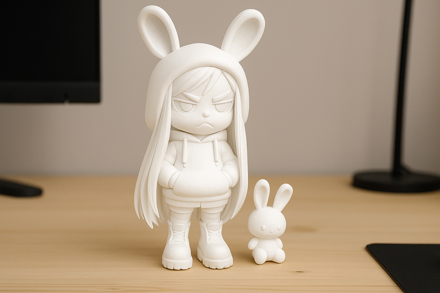 Anime Girl in Bunny Hoodie – Figurine with Plush Rabbit