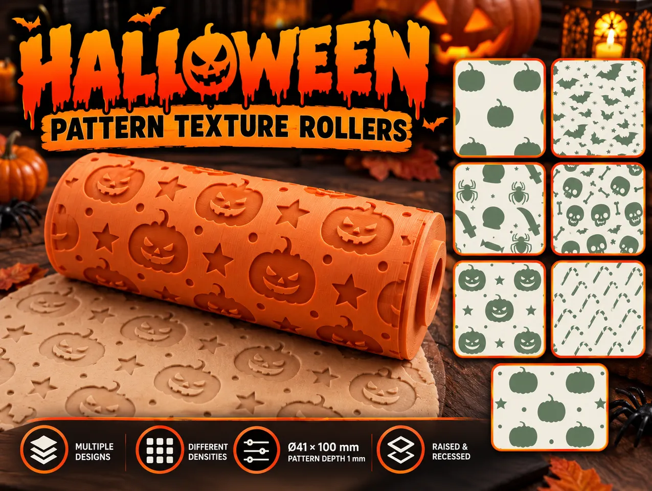 Pattern Texture Rollers – Halloween | Multiple Designs | Raised & Recessed in Orange