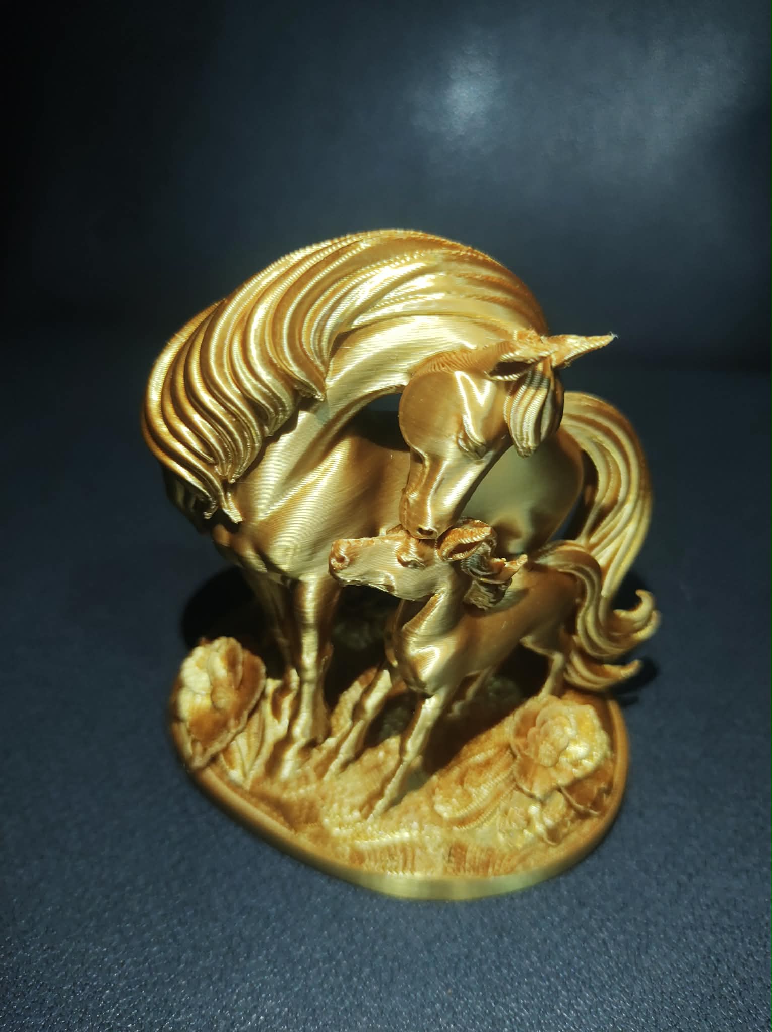 Mother Horse And Foal Nuzzle Love Statue On Floral Base
