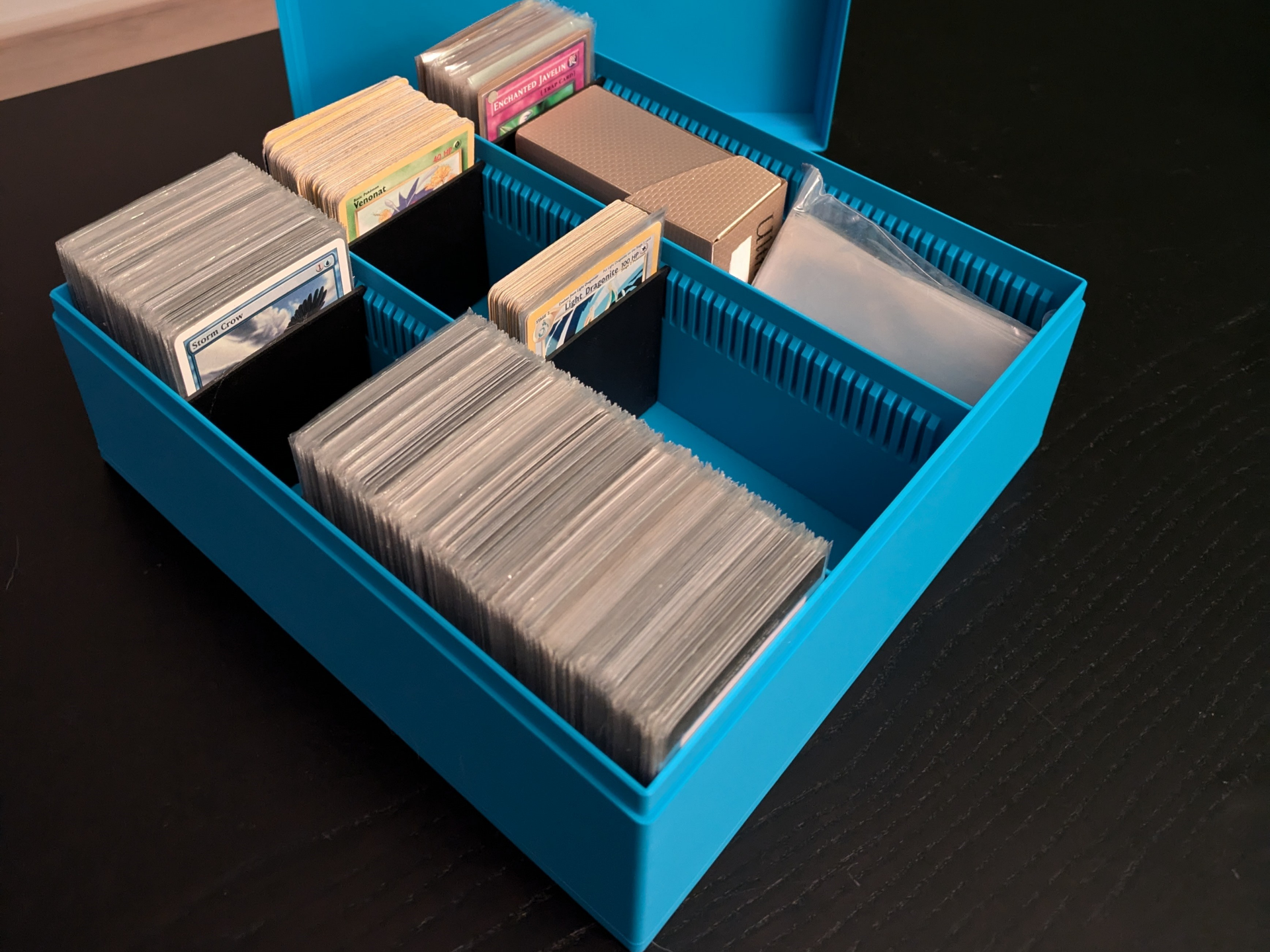 Biggest Trading card box. Barely fits the bed! MTG\Pokemon