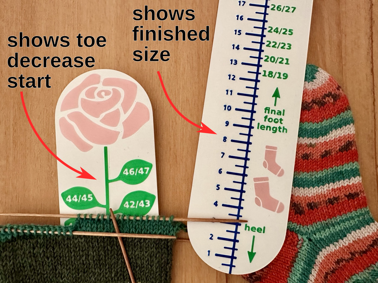 Sock Knitting Gauge/Ruler - Toe Decrease Guide & Sock Size Measurement — thumbnail 2