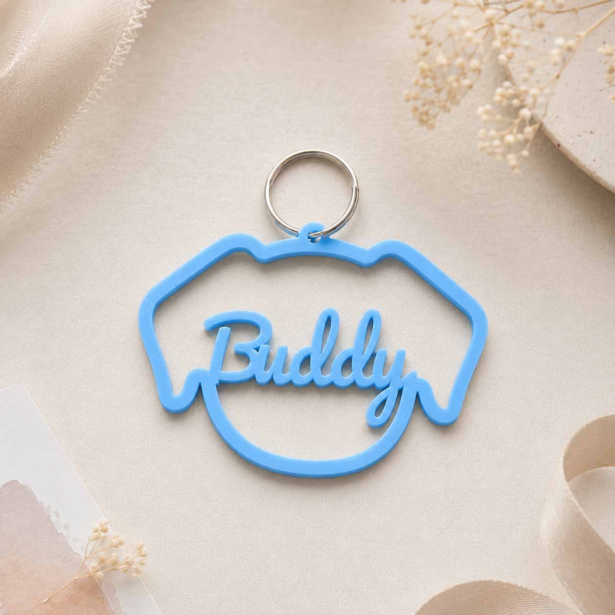 Dog head tag with name Buddy