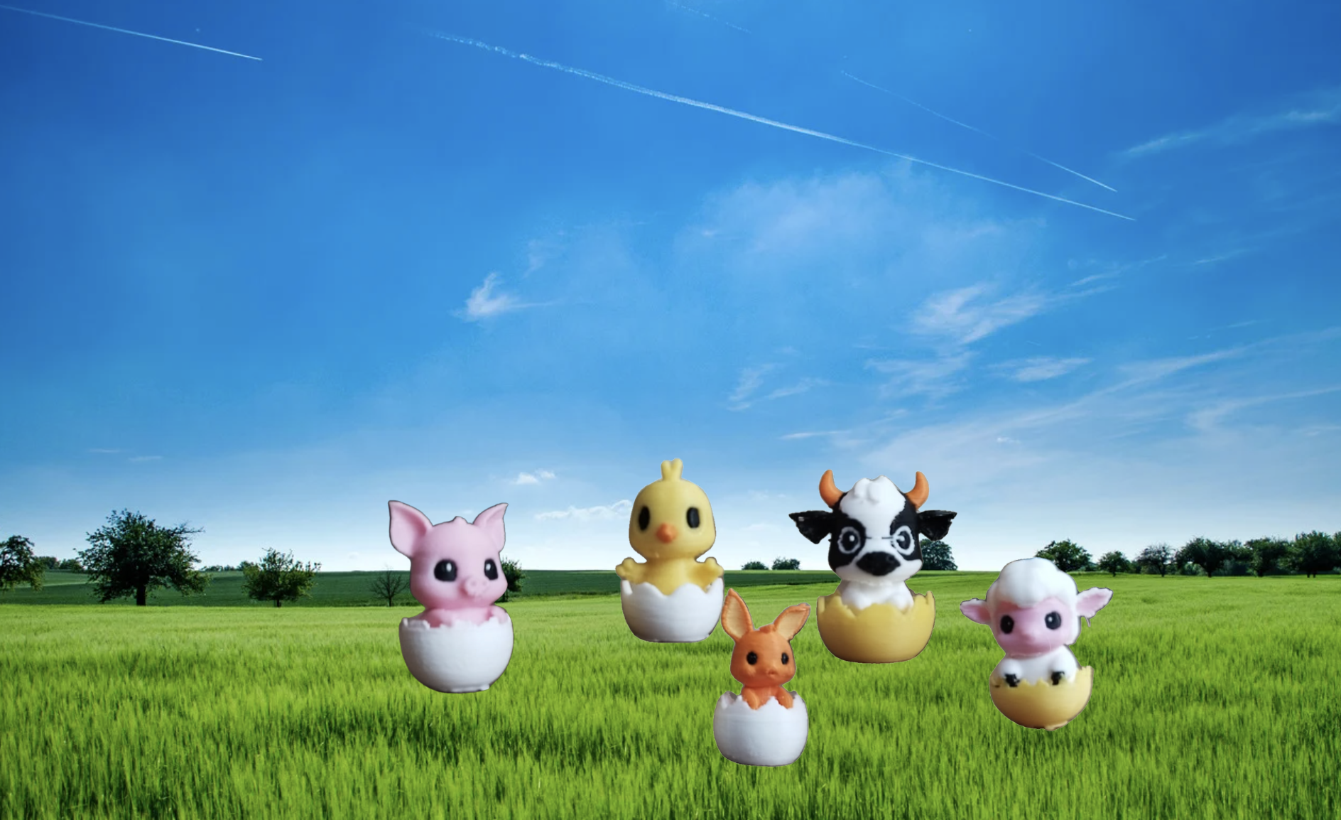 Cute Hatching Animals - Cow, Chick, Bunny, Pig and Sheep - Miniature