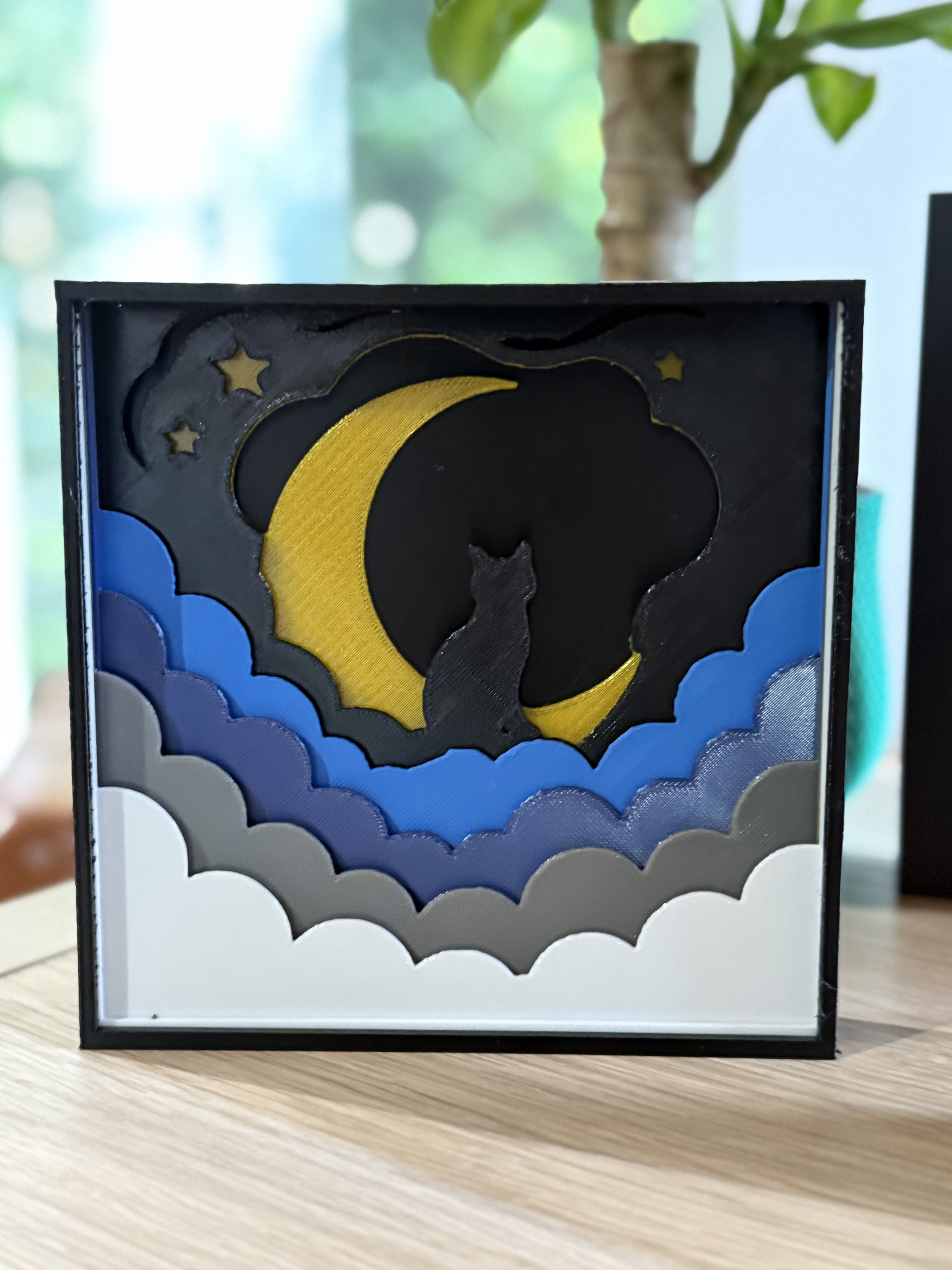 Cat on the Moon Shadowbox – Layered Night Scene
