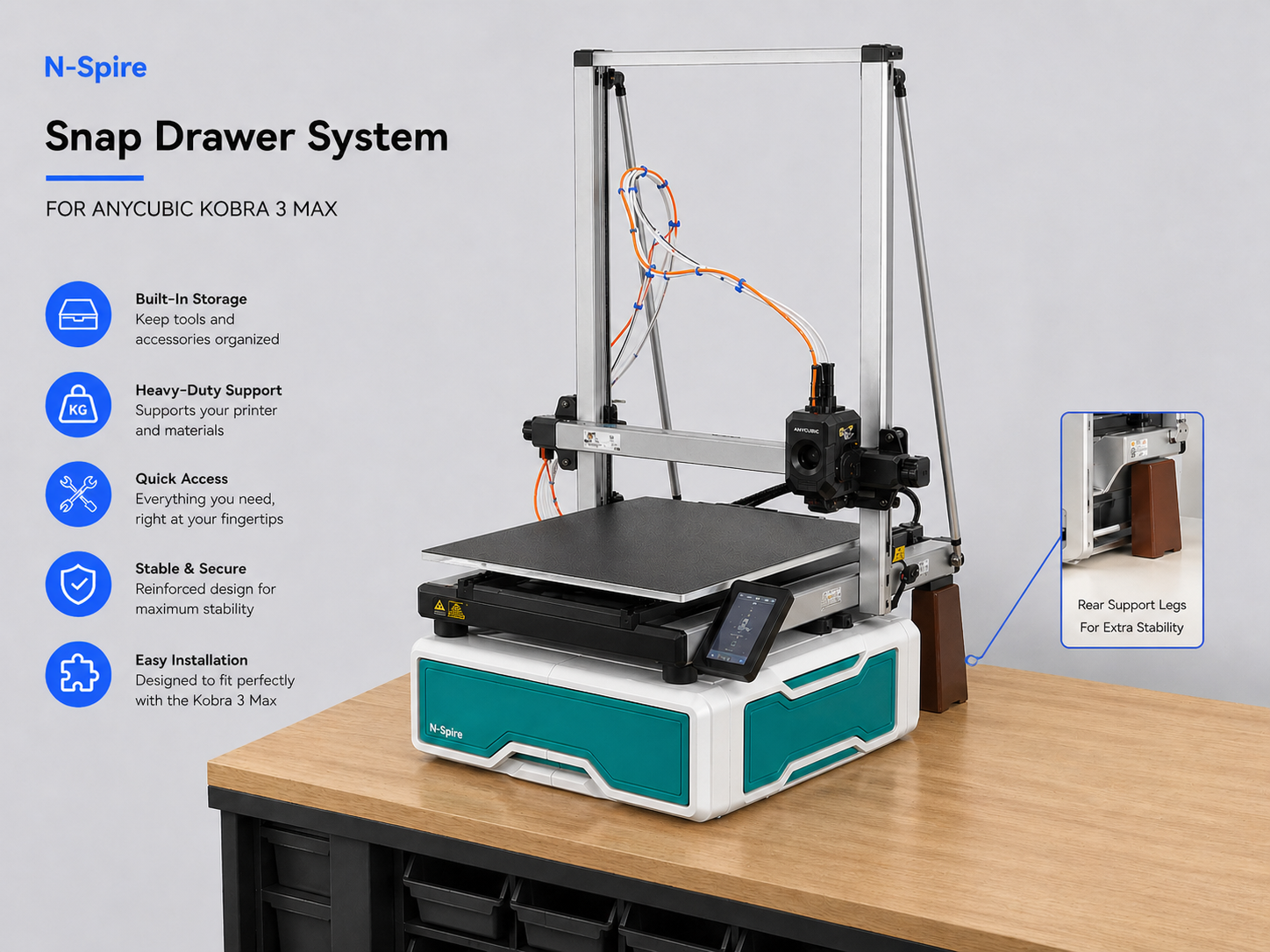 N-Spire Gridfinity Drawer System – Rear Support Legs (Kobra 3 Max Upgrade)