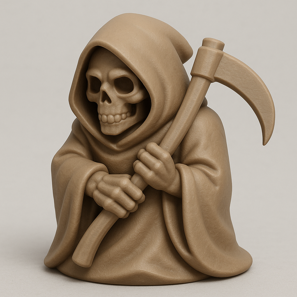 A stylized Grim Reaper figure wearing a hooded cloak, holding a short scythe close to the body.