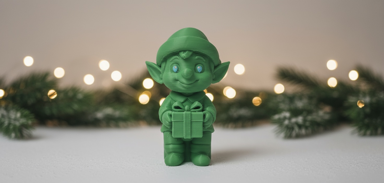 Smiling Elf with Gift and Blue Eyes Christmas Figurine