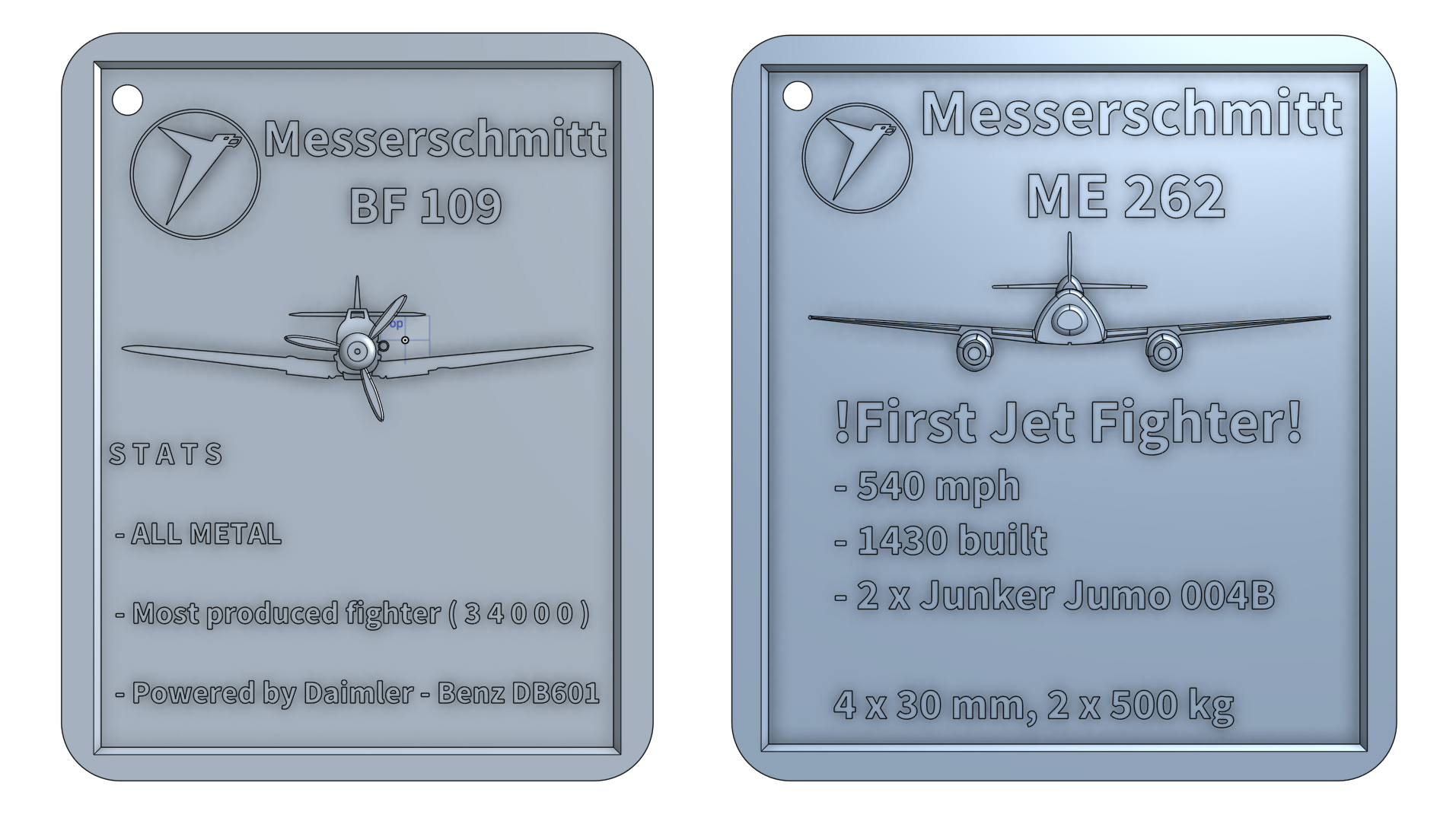 Messerschmitt Me262 + BF109 aircraft keychains
