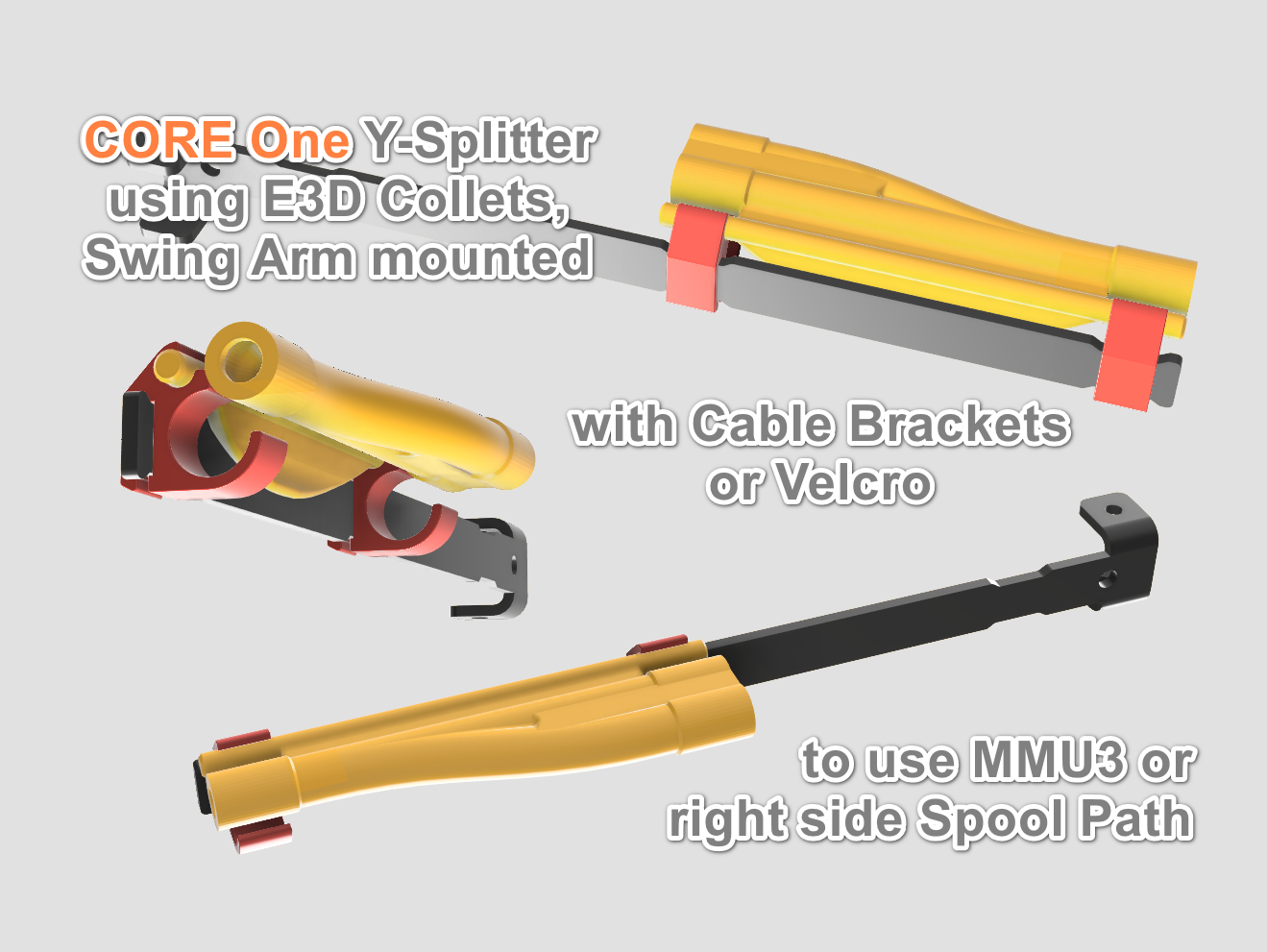 Core One MMU3 Y-Splitter using E3D V6 Collets mountable on Swing Arm