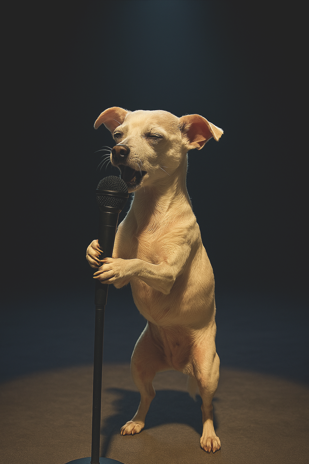 Chihuahua singing into a microphone