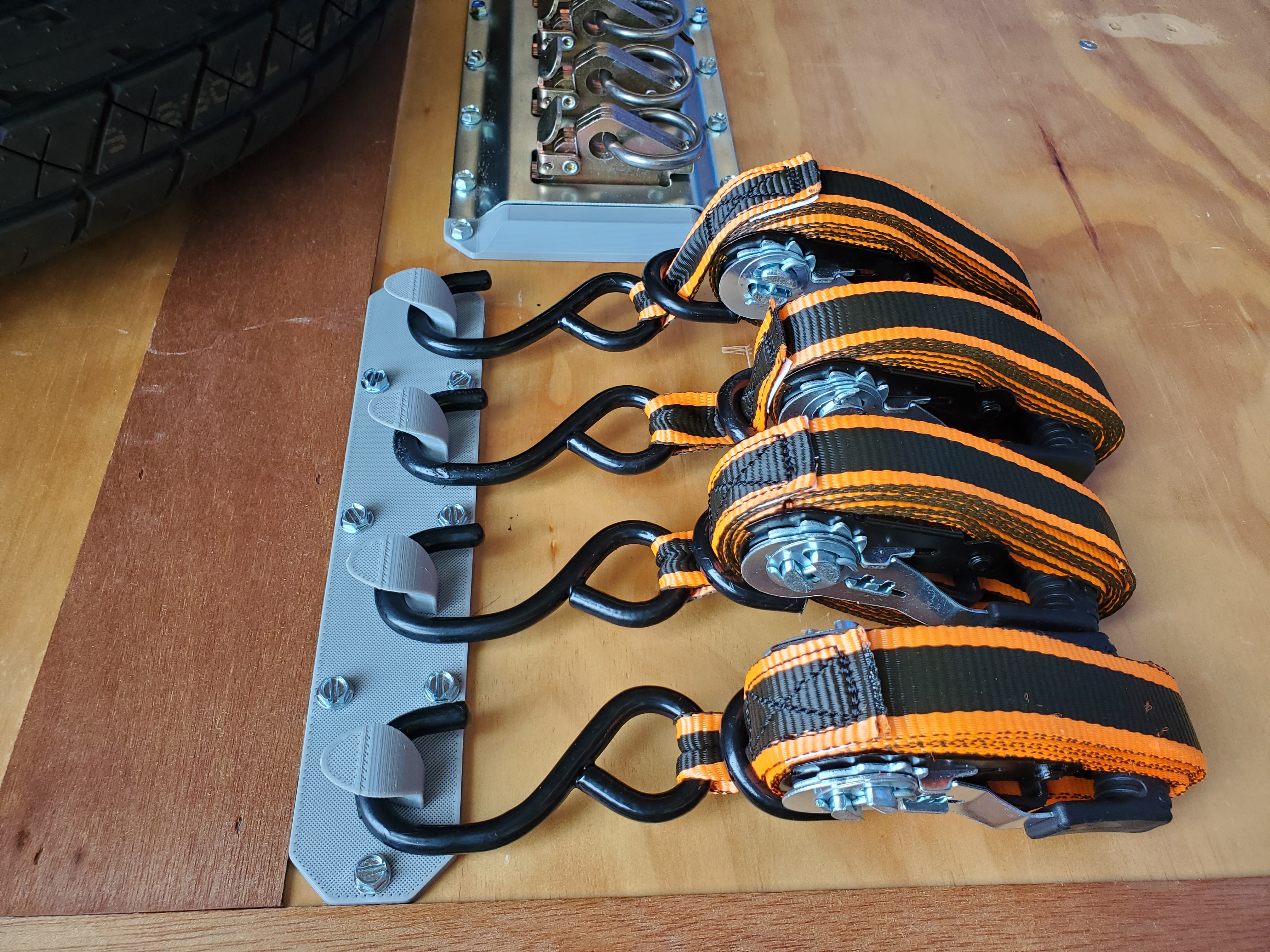 Ratchet strap hooks/holder (trailer/shop/workbench)