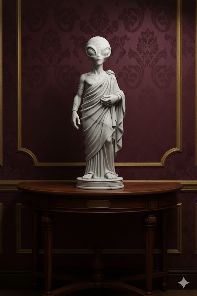 statue of an alien in a toga and Greek style