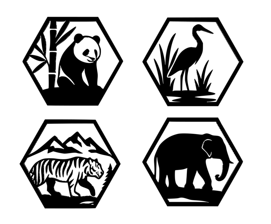 4pcs Decorative Frames Panda, Crane, Tyger, Elephant Hexagonal