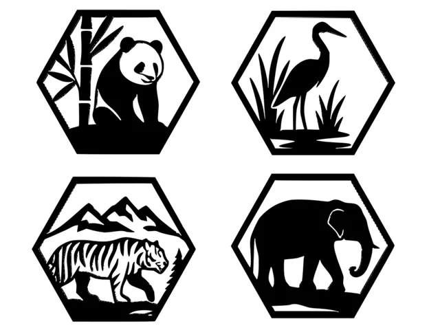 4pcs Decorative Frames Panda, Crane, Tyger, Elephant Hexagonal