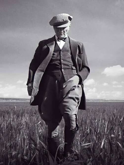 Atatürk walking in a wheat field