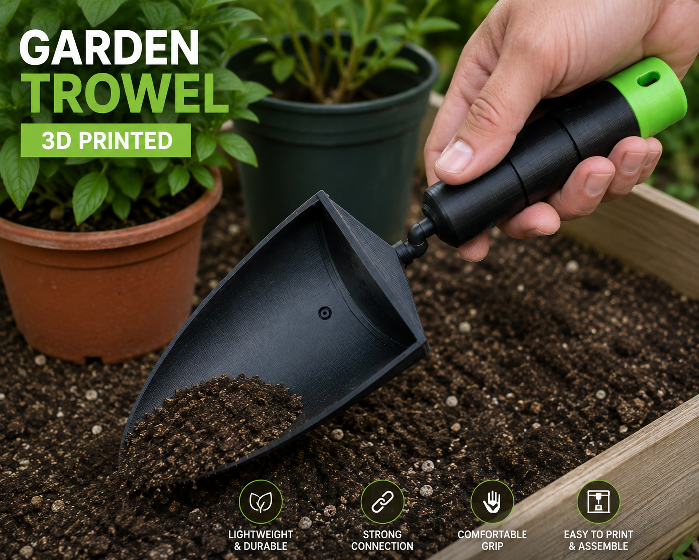 Ergonomic 3D Printed Garden Trowel | Lightweight Hand Gardening Tool