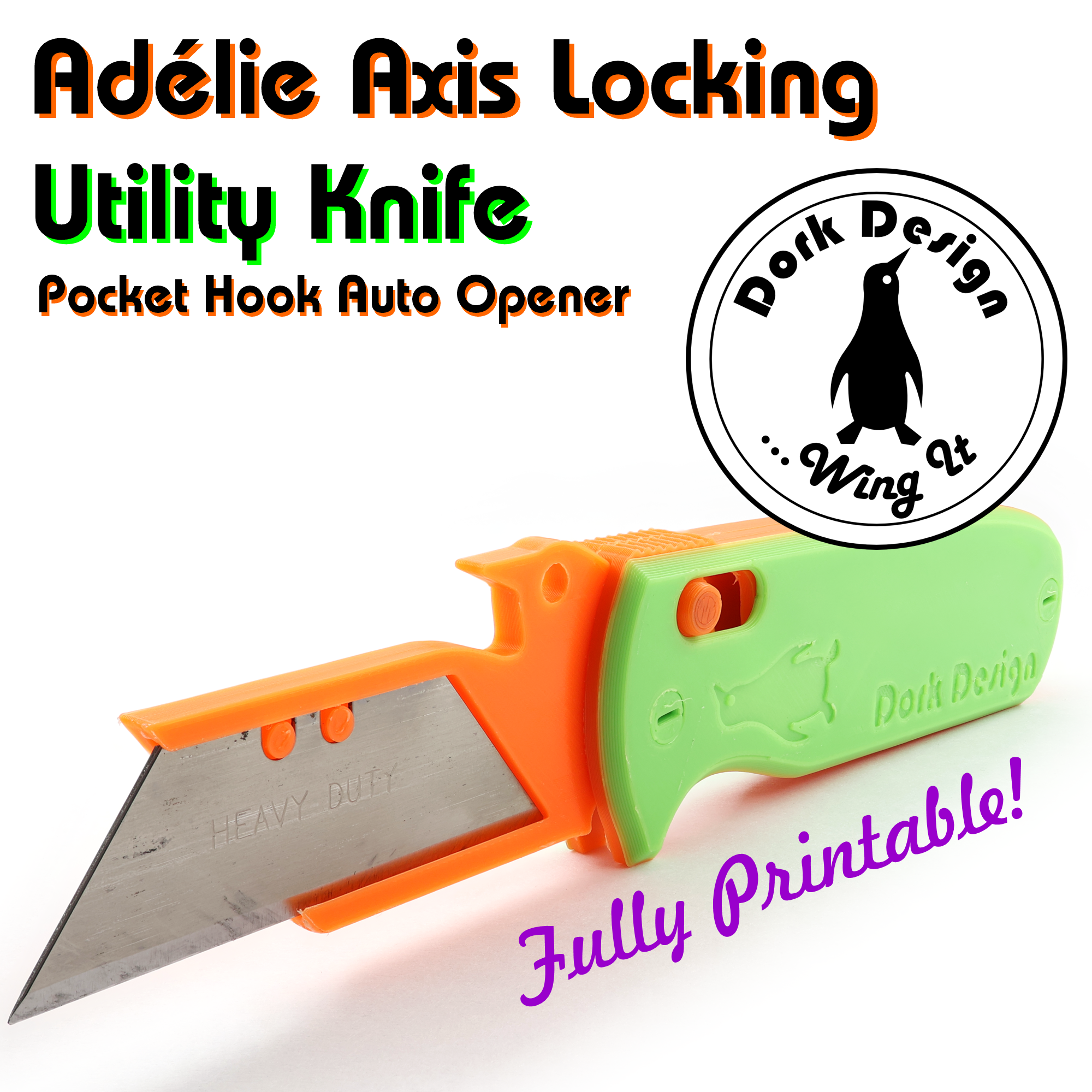 Adélie Crossbar Locking Utility Knife with Pocket Hook! Fully Printable, No Screws, No Springs, No Glue