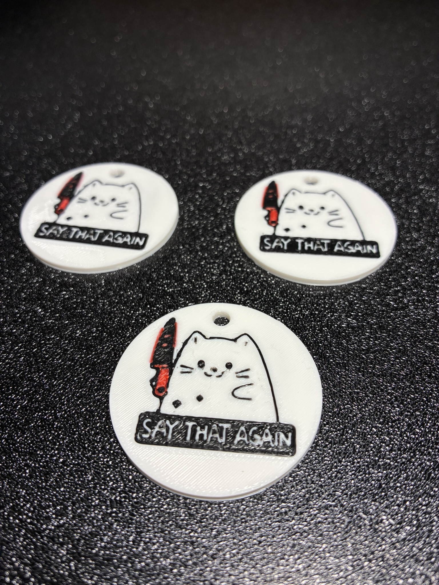 Keychain Cat with a Knife – "Say That Again" (Double-sided, Multicolor)