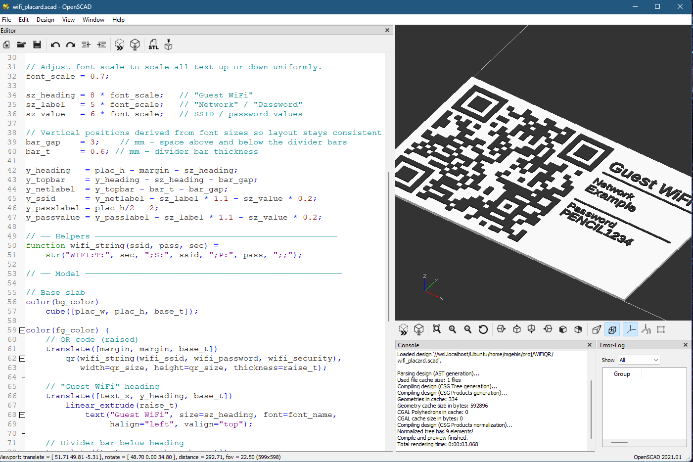 Guest WiFi QR code placard, 100% OpenSCAD 3D model