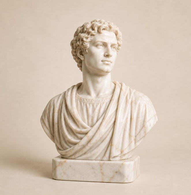 Classical Roman Youth Marble-Style Bust – Toga-Draped Curly-Haired Figure Sculpture