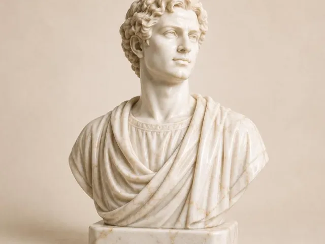 Classical Roman Youth Marble-Style Bust – Toga-Draped Curly-Haired Figure Sculpture