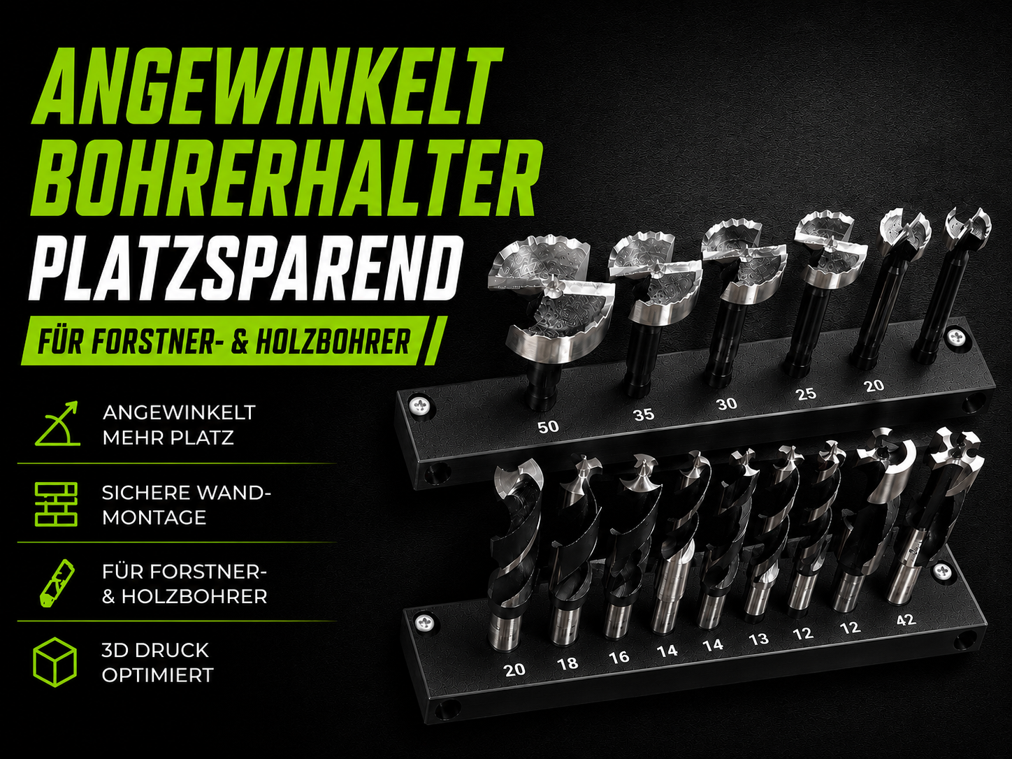 Angled Space-Saving Drill Bit Wall Holder – Forstner / HSS / Hex