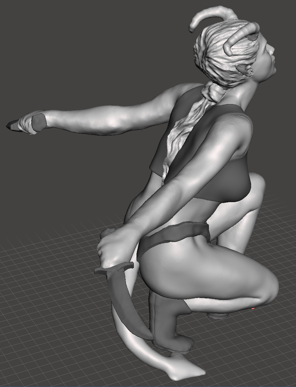 Frisky Tiefling female, sleep garb, crouched with daggers