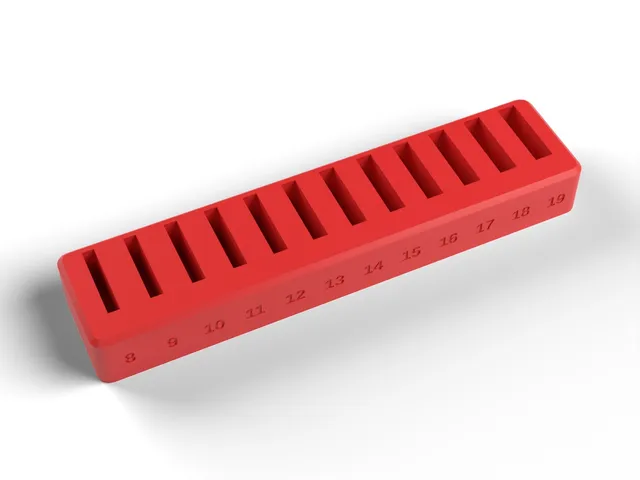 Spanner Rack - Holds 12 Combination Spanners 8 to 19 mm Upright, Engraved Sizes, No Supports (OpenSCAD)
