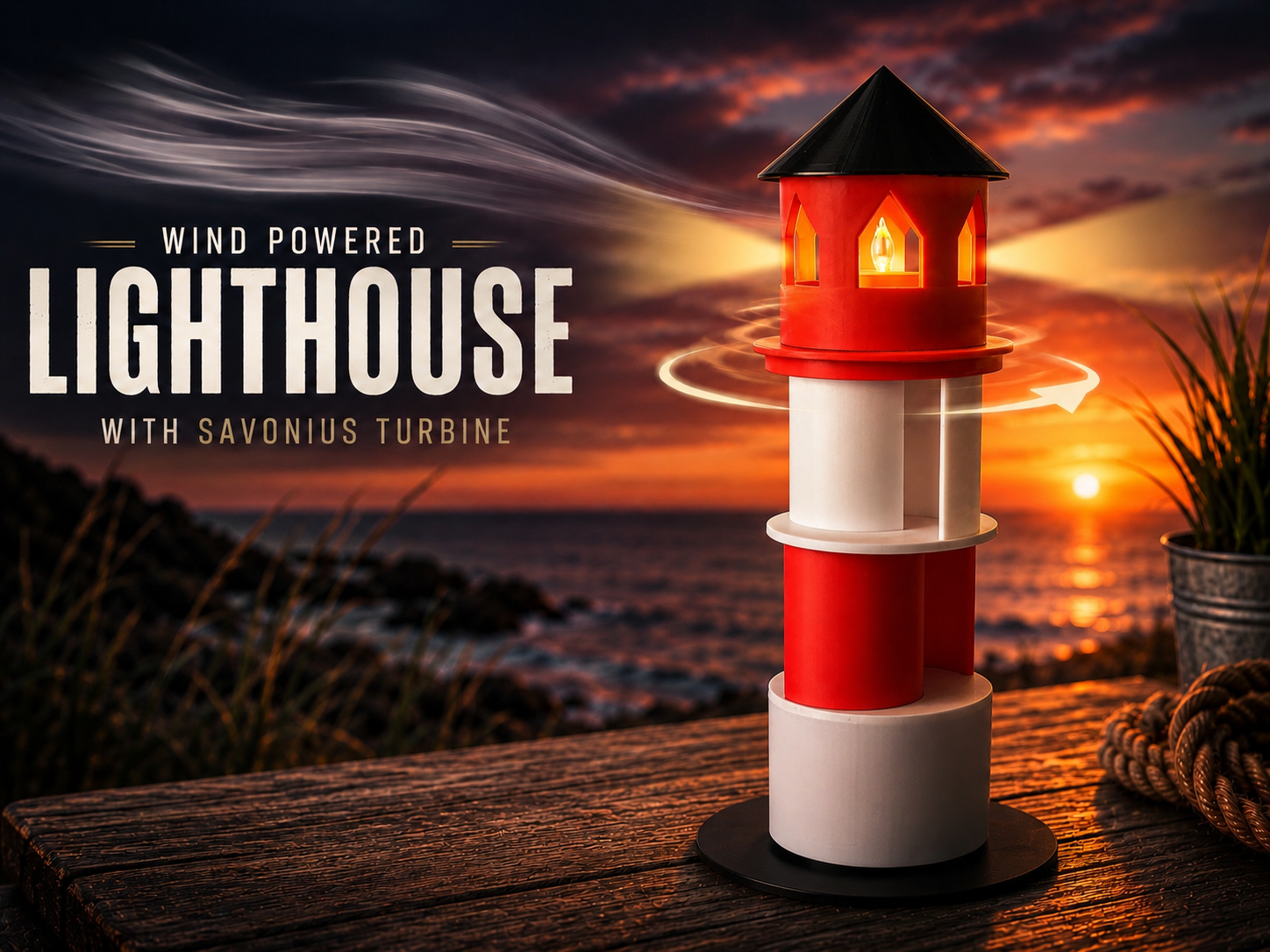 Wind Powered Lighthouse with Savonius Turbine – Rotating LED Tea Light Effect