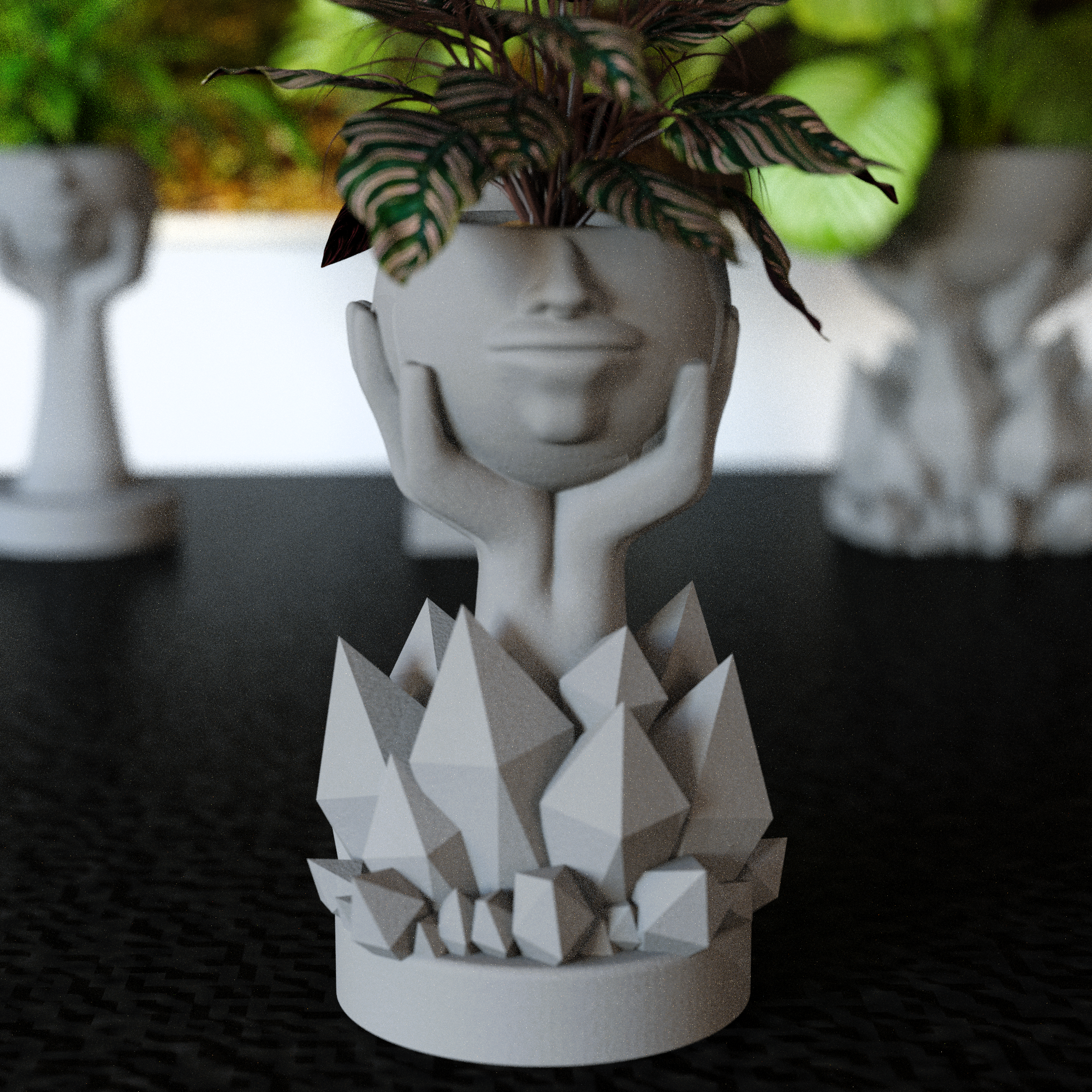 Hands holding flower pots head of cristal