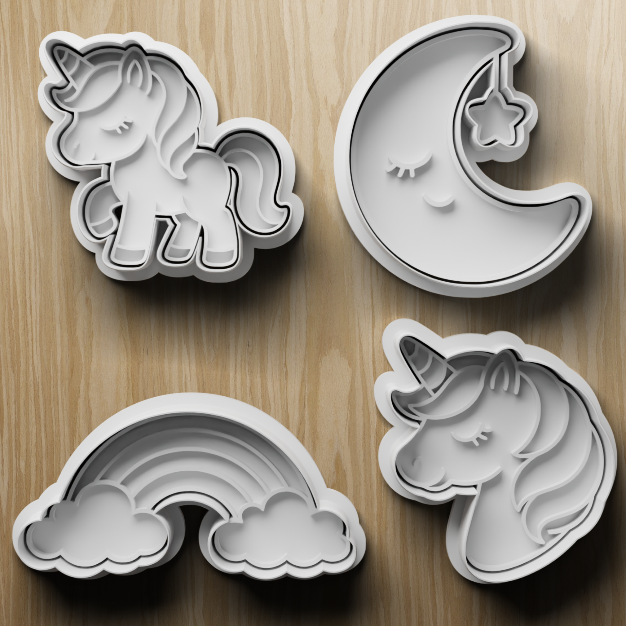 4 Unicorn Cookie Cutter STL Set, Moon and Rainbow Digital File