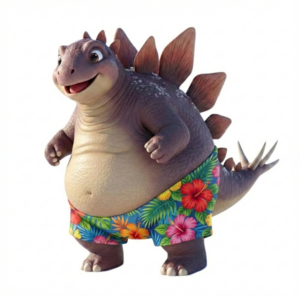 Stegosaurus Tomík v havajských plavkách z ibišky