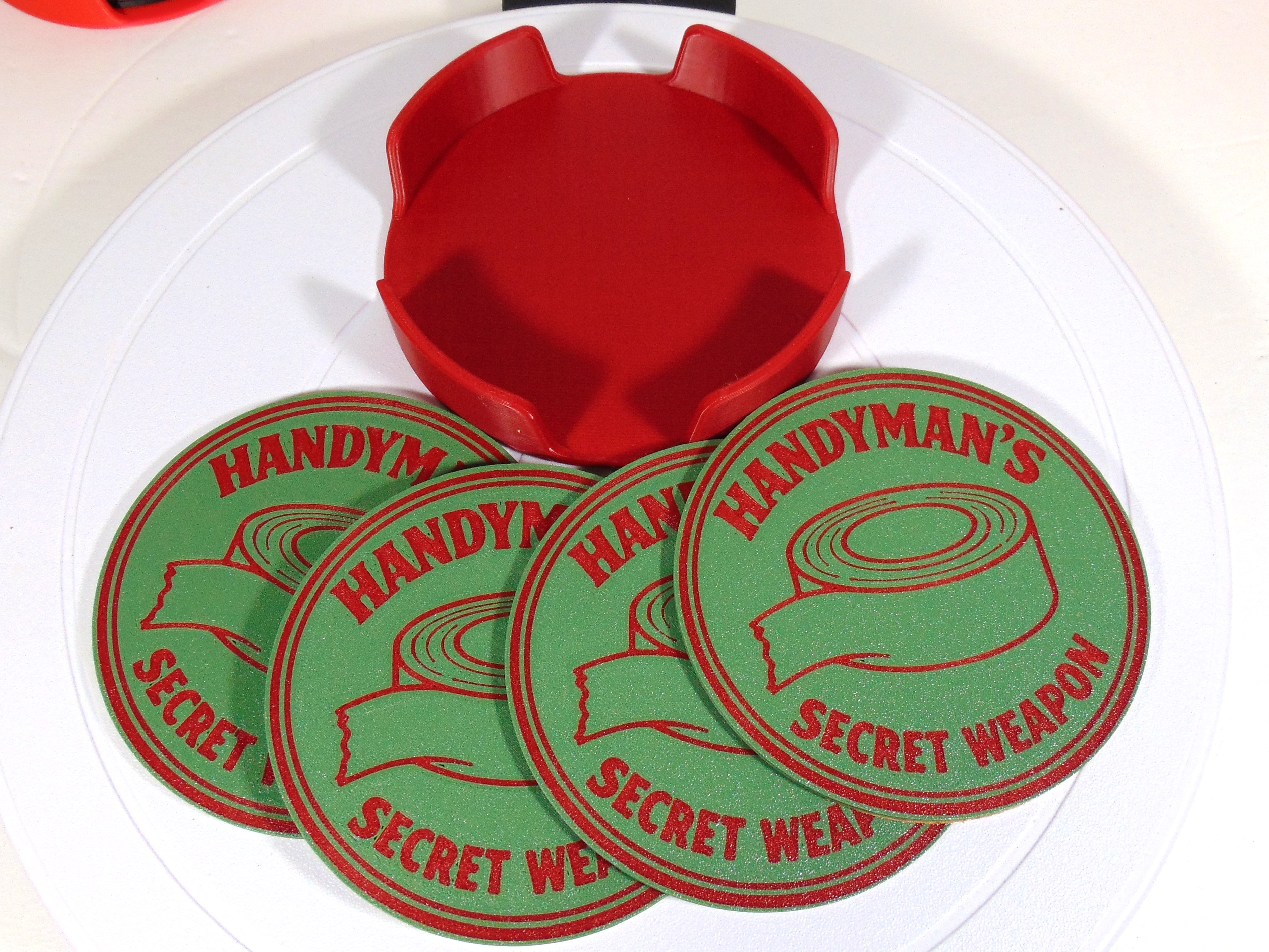 Red Green Coaster Set With Holder 100mm PBS TV Show Handyman's Secret Weapon Duct Tape