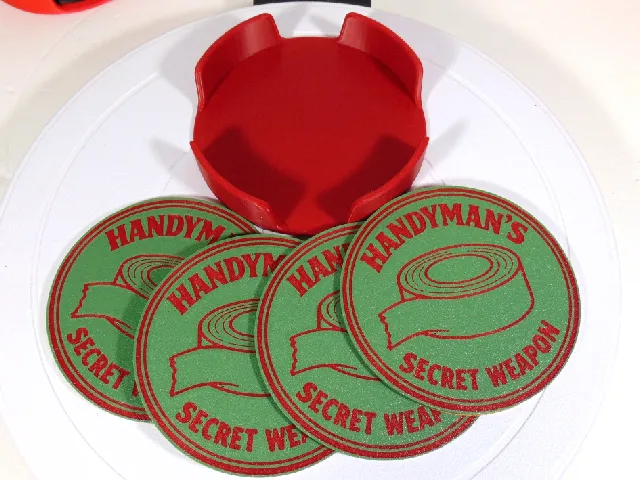Red Green Coaster Set With Holder 100mm PBS TV Show Handyman's Secret Weapon Duct Tape