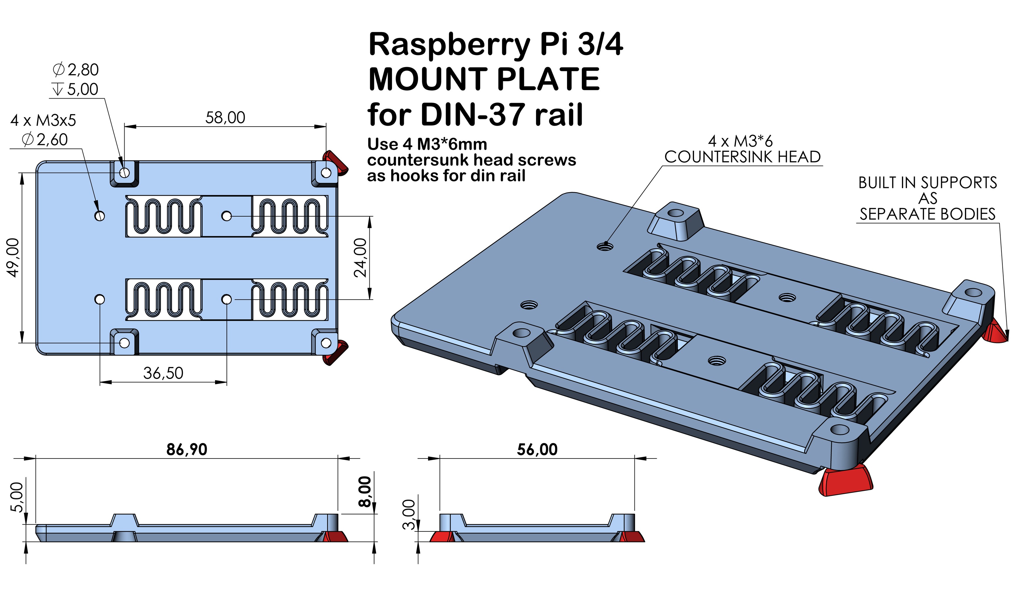 Slim RPi DIN mount