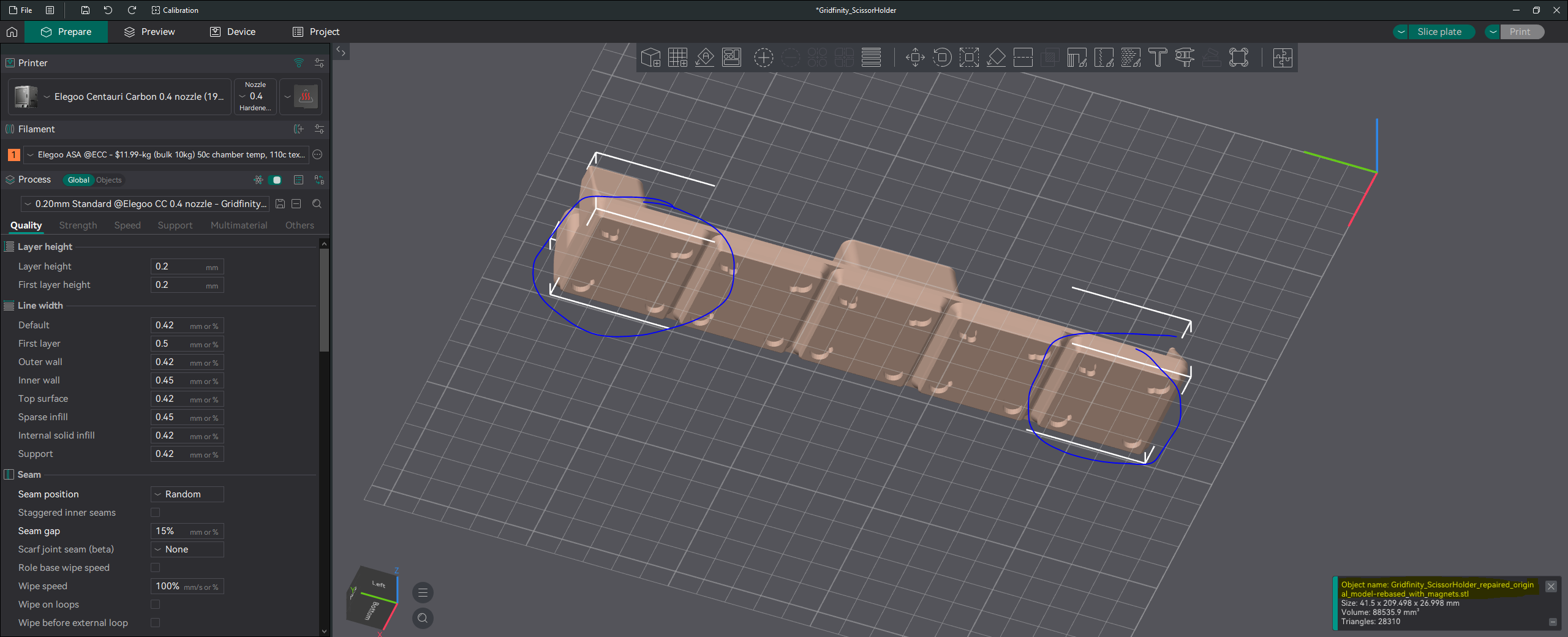 Gridfinity Scissor Holder (Remix, repaired original model, and rebased with magnet holes added to all 5 bins)