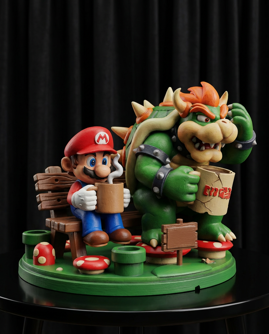 Mario and Bowser Bench Diorama | Iconic Peace Scene