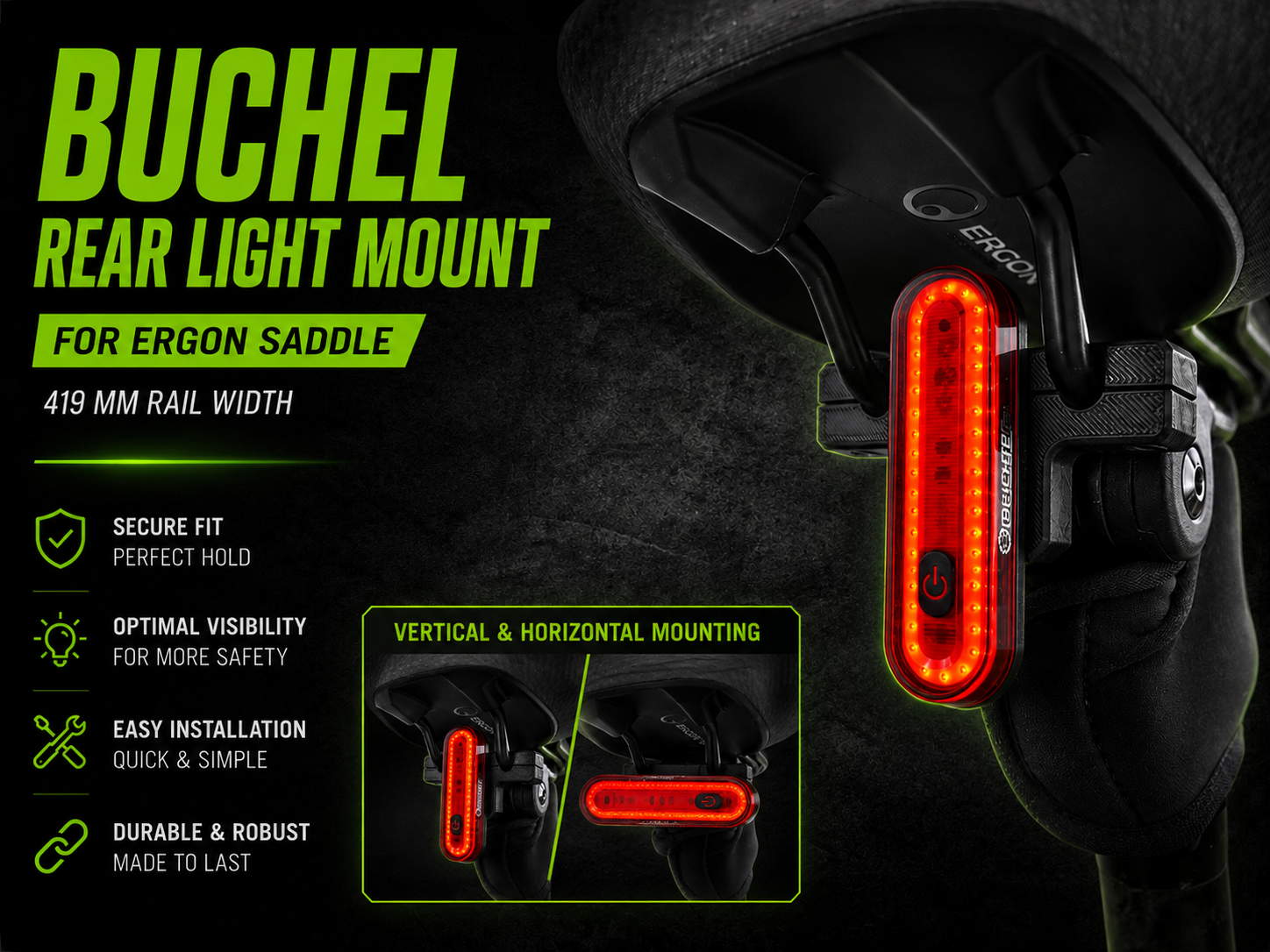 Büchel Rear Light Mount for Ergon Saddle – 41.9 mm Rail Spacing – Horizontal & Vertical