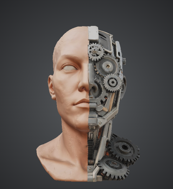 Half Human Half Machine Bust – Cybernetic Split Face Sci-Fi Sculpture