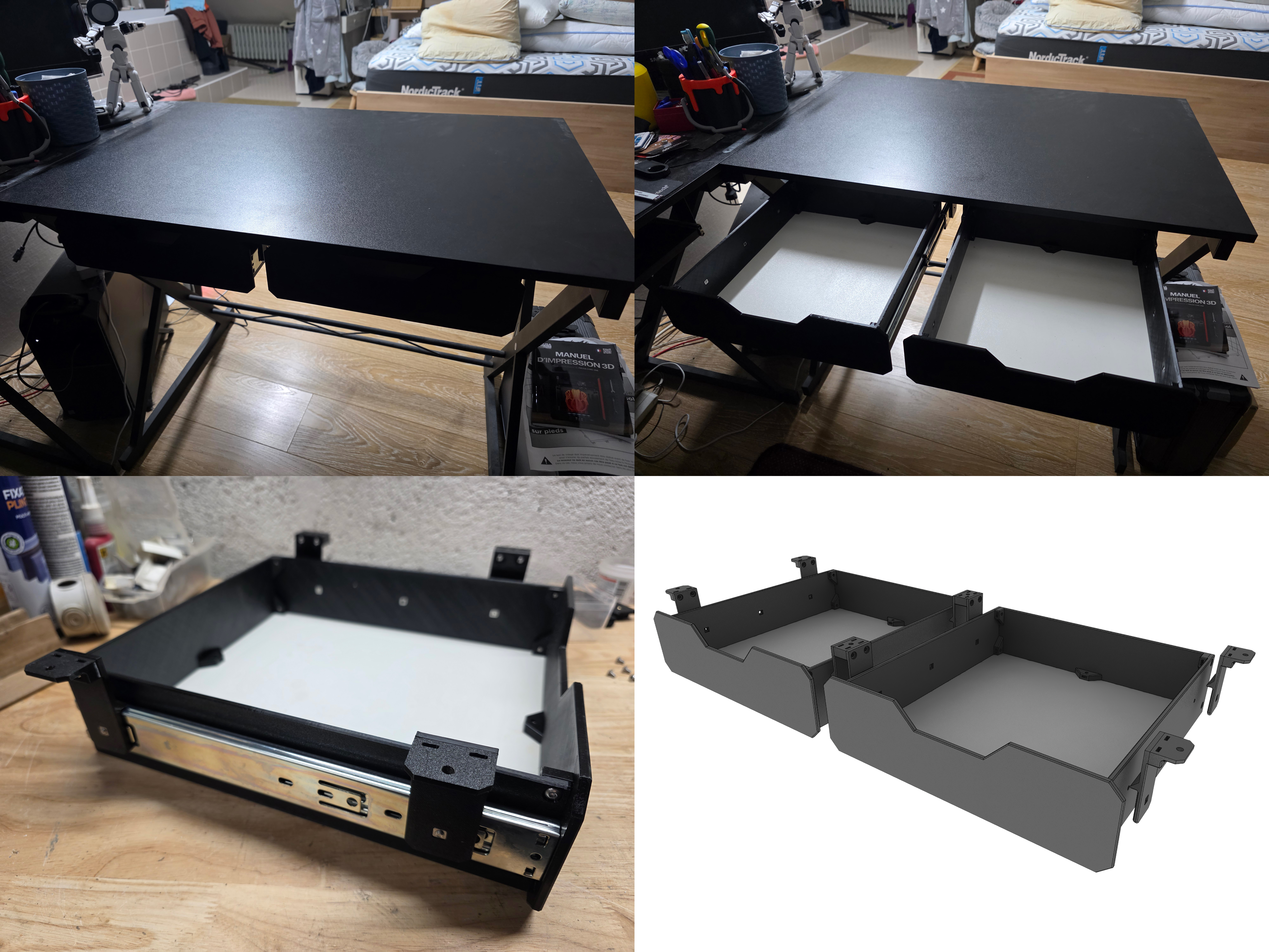 Large drawer for desk with total outlet slide