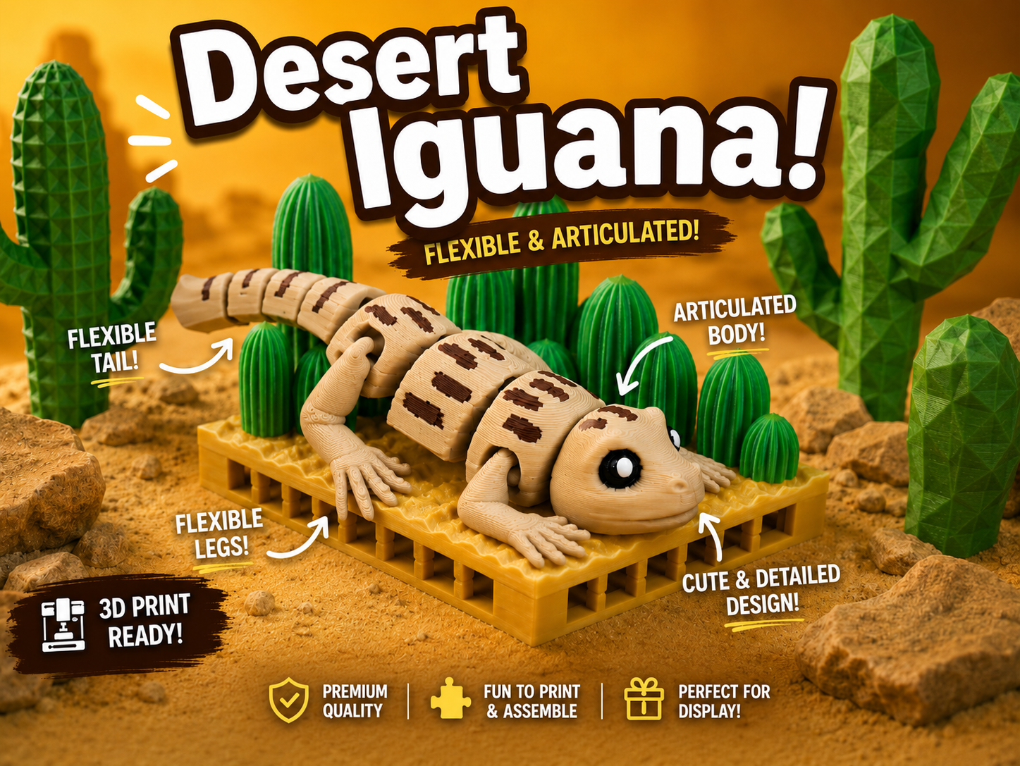 Desert Iguana - Articulated Flexi Lizard Figure | Print-in-Place | No Supports